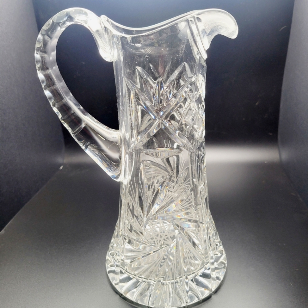 Vintage American Brilliant Cut Glass Stars and Fans Crystal 9.5" Pitcher Leaded